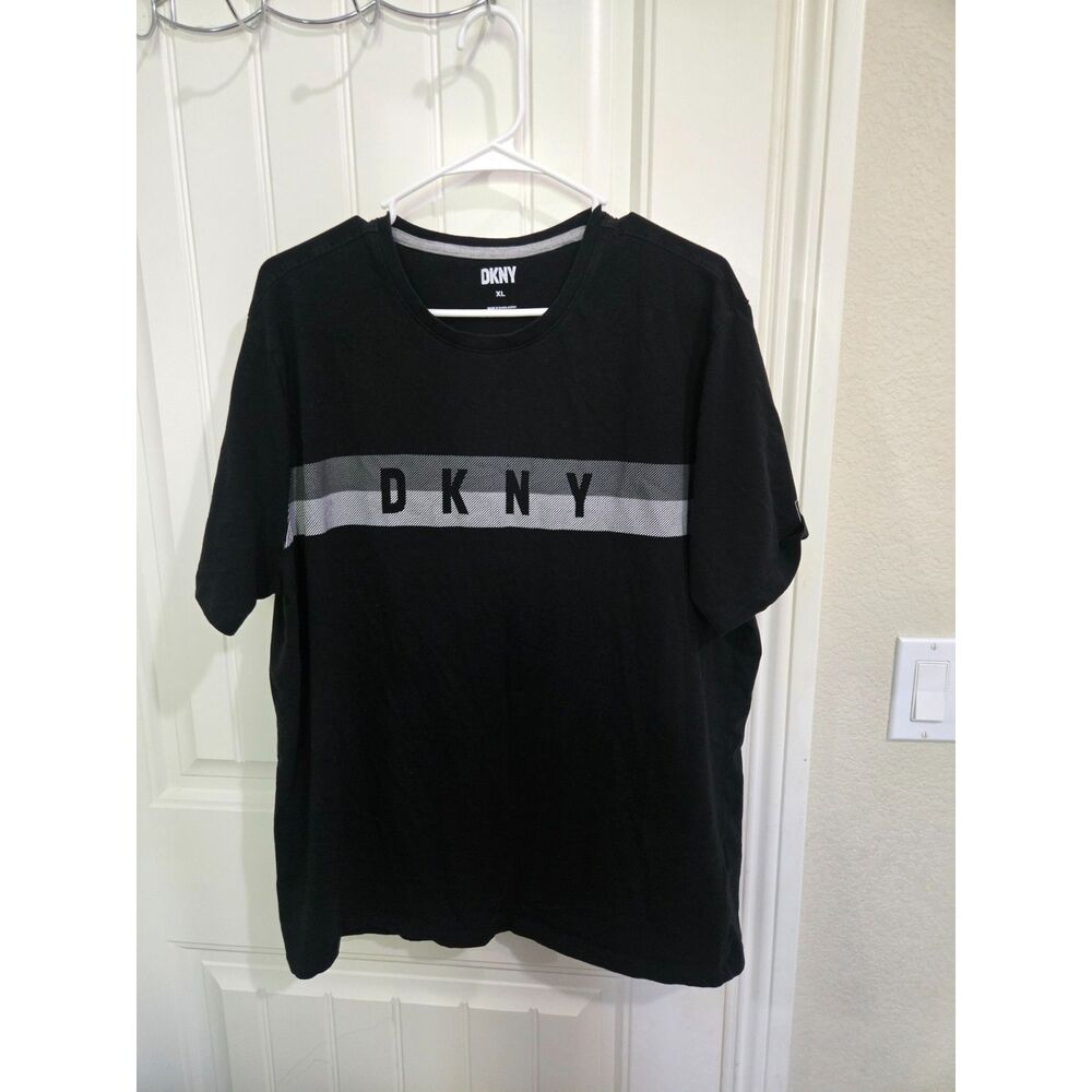 DKNY Men’s XL Black Graphic T-Shirt Logo Stripe Short Sleeve Cotton Stretch